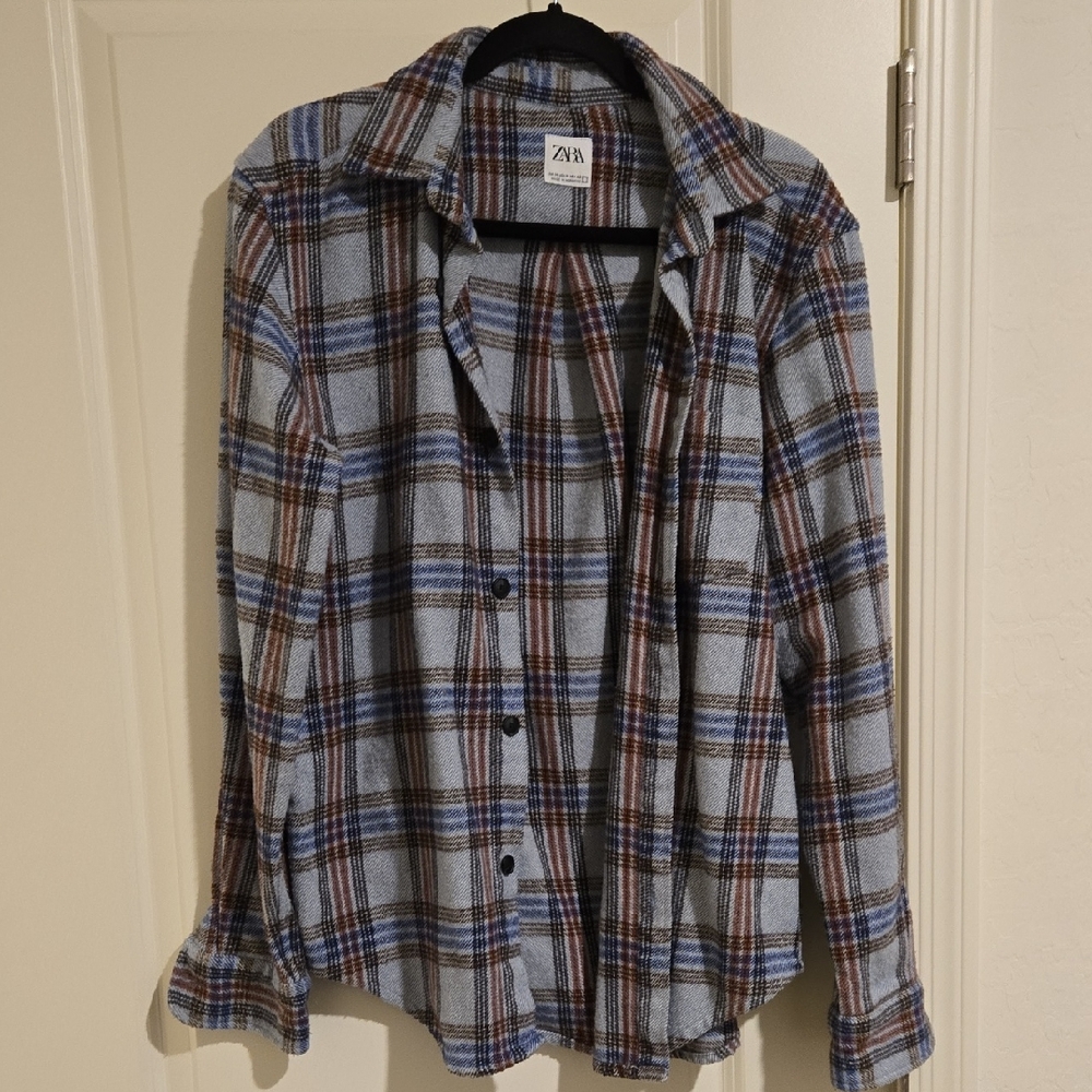 Zara Men's Plaid Shirt in Blue and Brown